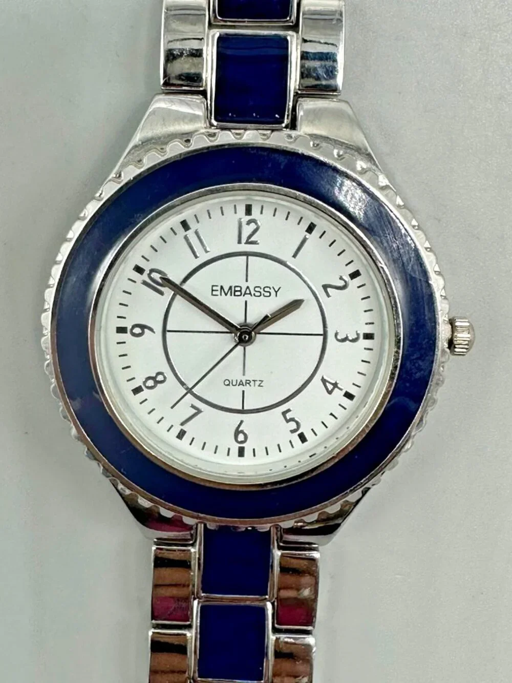 3/$30 Embassy Watch Women Silver Tone Blue Enamel Round White Dial 7